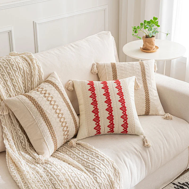 DecorBites™ Boho Geometric Tassel Cushion Cover Cotton Linen Crochet Pillowcase