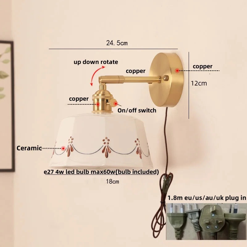 DecorBites™ Ceramic LED Wall Lamps Pull Chain Switch Rotate Copper Vanity Light