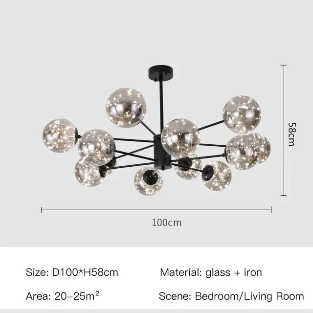 DecorBites™ Black Glass Ball LED Chandelier for Living Room, Bedroom - Dimmable Nordic Luxury Fixture