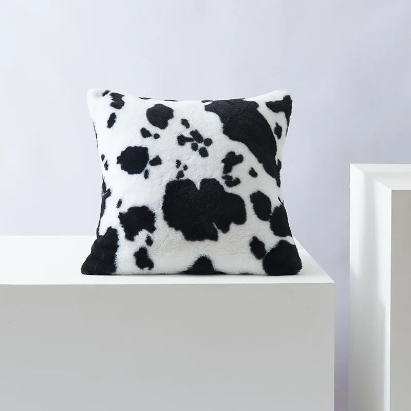 DecorBites™ Black/White Flower Cow Pattern Plush Cushion Cover 50x50 - Double Sided Print