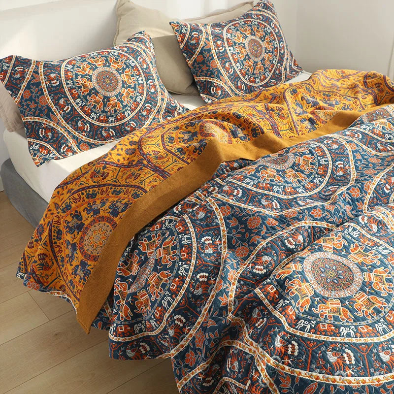 DecorBites™ Cotton Picnic Blanket/Bedspread - Double Bed 150 Flowers Blue, High Quality Pillowcases