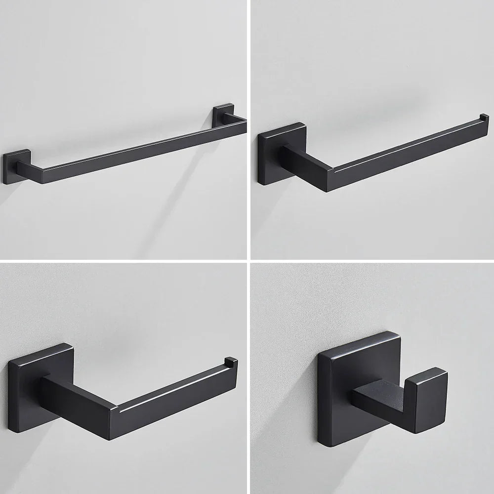 DecorBites™ Black Stainless Steel Bathroom Accessories Set: Towel Bar, Paper Holder, Hook & Bath Rack