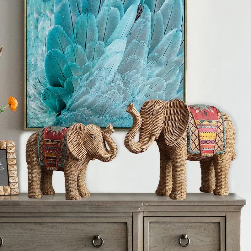 DecorBites™ Elephant Resin Handicraft Ornament Hand-painted Braided Decor Statue Simulation Animal