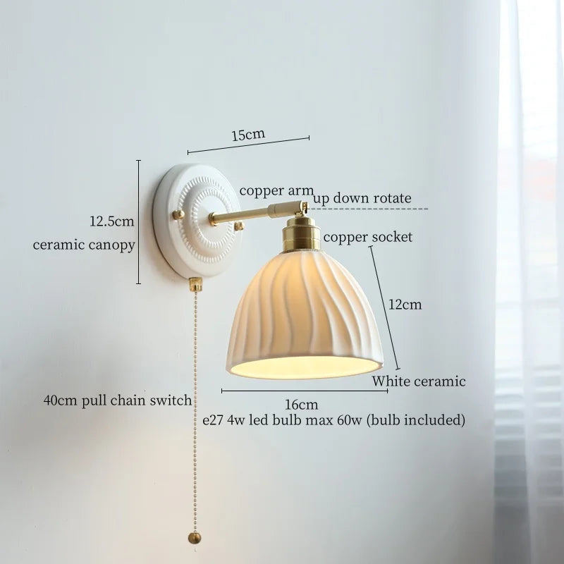 DecorBites™ Ceramic Wall Sconce with Copper Arm | Pull Chain Switch LED Bedroom Lamp