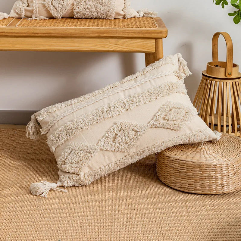 DecorBites™ Boho Tufted Embroidered Cotton Canvas Cushion Cover Grey Beige Tassel Pillowcase