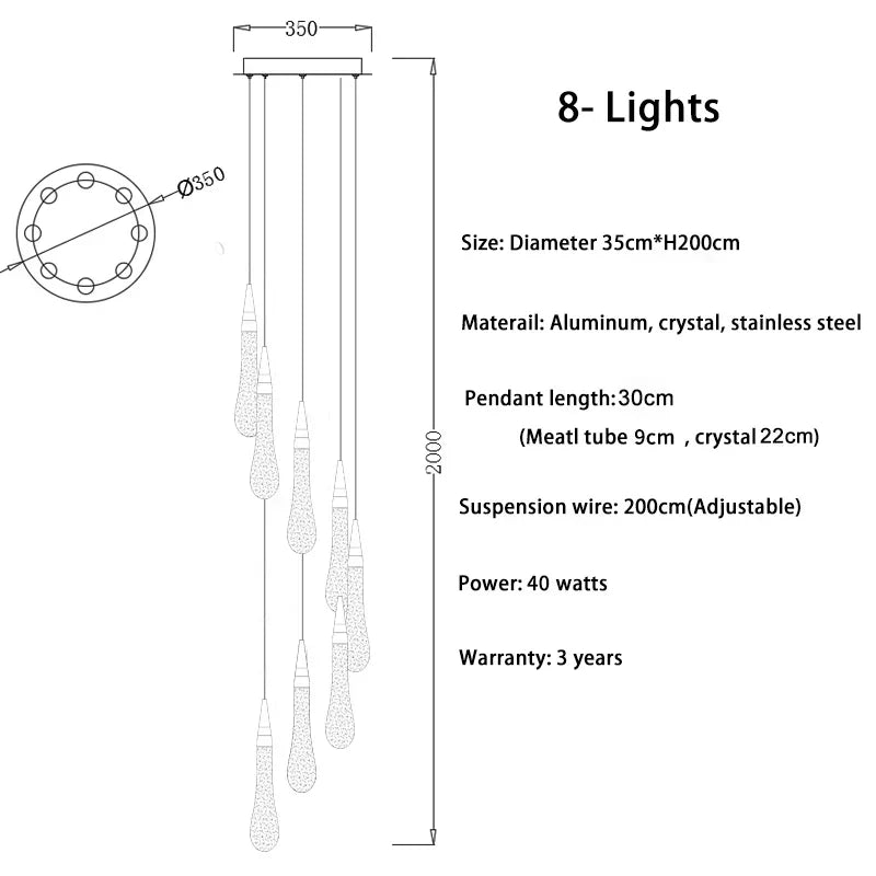 DecorBites™ Crystal Teardrop Chandelier Staircase LED Pendant Light, Gold Living Room Decor