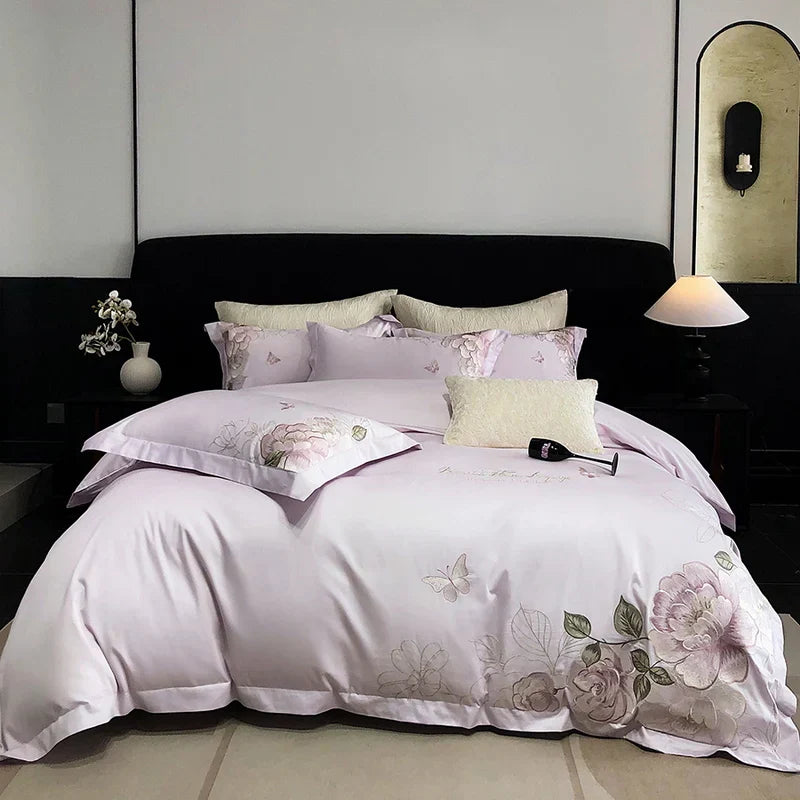 DecorBites™ Butterfly Flowers Embroidery 600TC Egyptian Cotton Bedding Set: Duvet Cover, Bed Sheet, Pillowcases