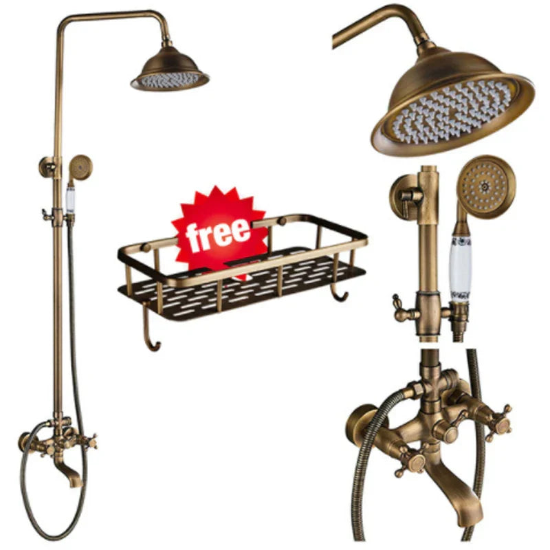 DecorBites™ Antique Brass Shower Faucet Set with 8'' Rainfall Head & Swivel Spray