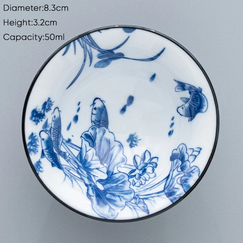 DecorBites™ Blue & White Ceramic Kung Fu Tea Cup, Japanese Style Porcelain Sake Espresso Mug