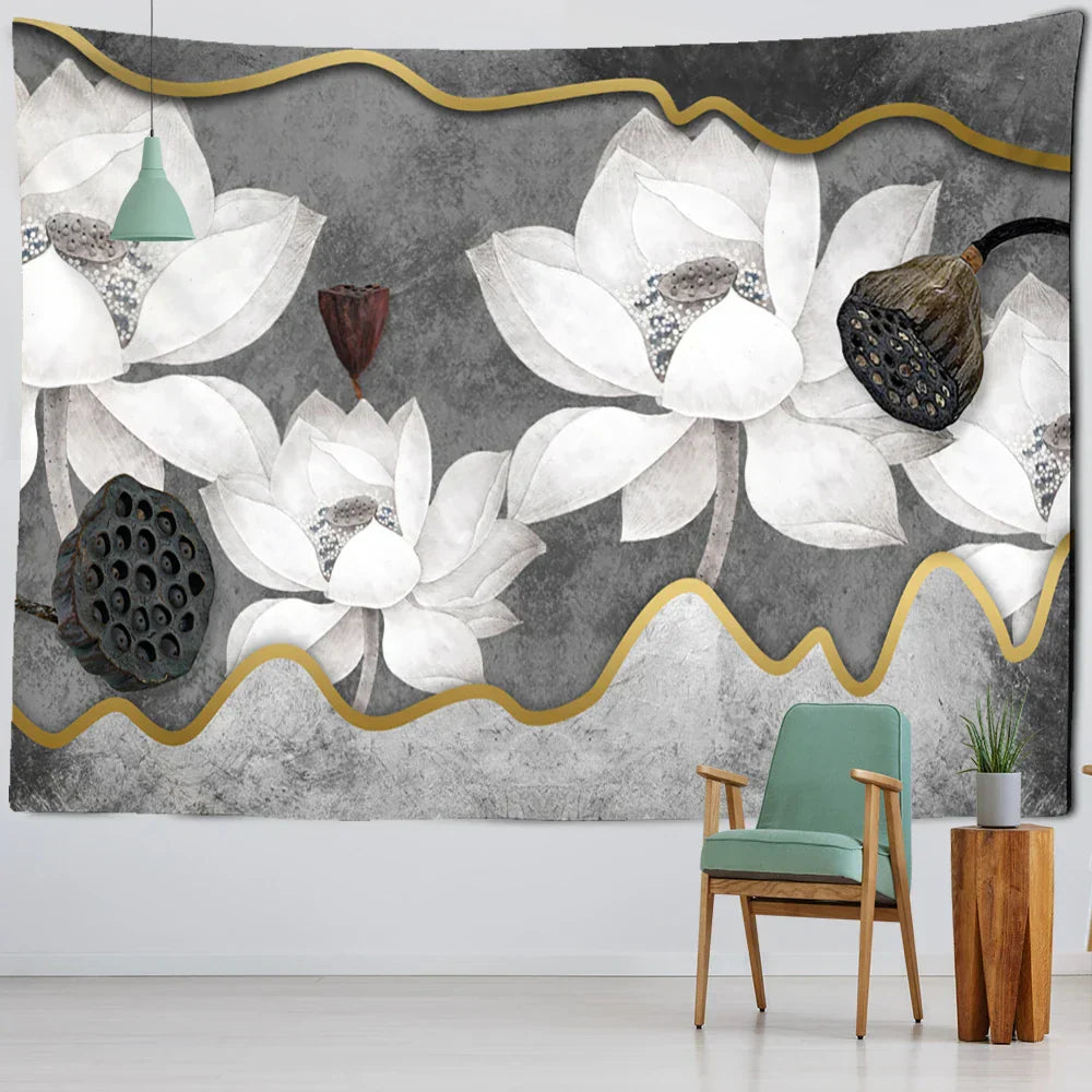 DecorBites™ Ink Lotus Koi Tapestry: Boho Aesthetic Psychedelic Room Art Hippie Decor