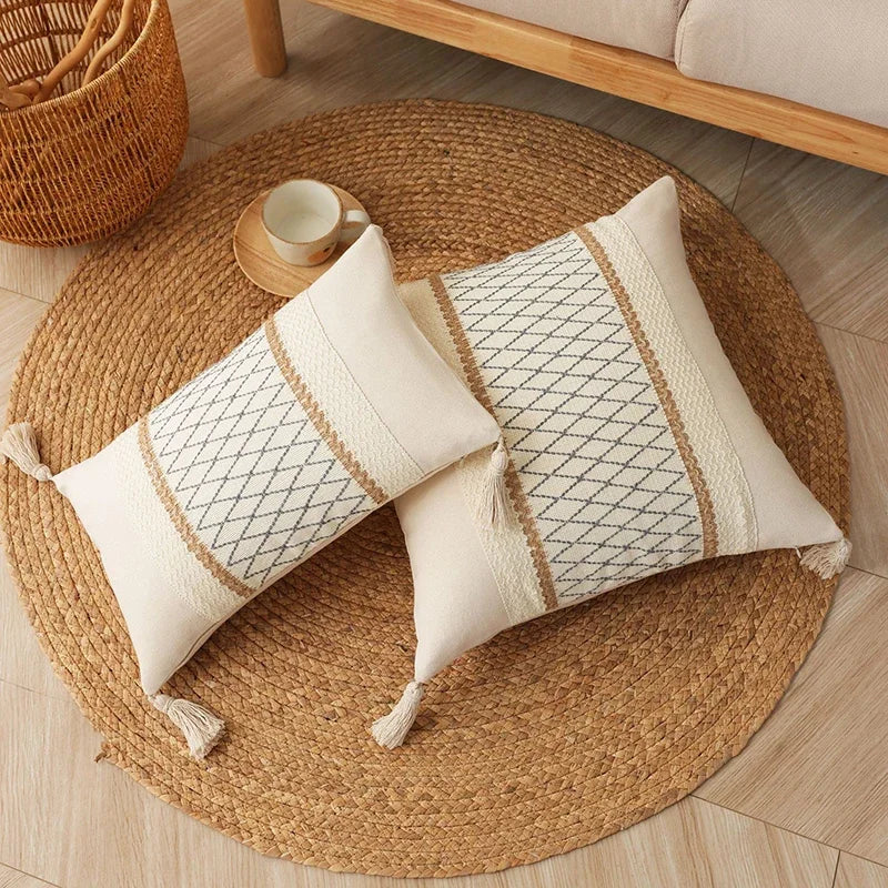 DecorBites™ Bohemian Tassel Cushion Cover: Handmade Geometric Crochet Pillowcases