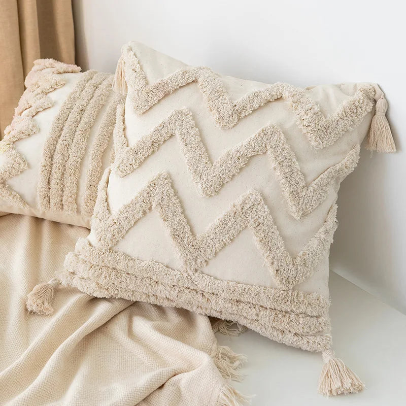 DecorBites™ Boho Square Pillowcase with Embroidery & Tassel Detail for Living Room Sofa