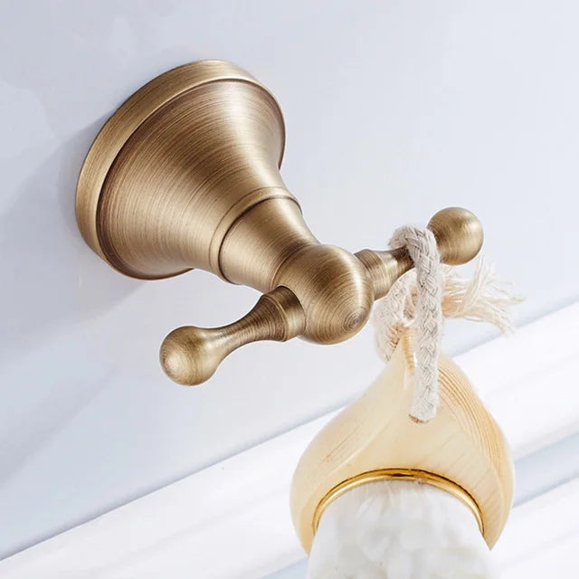 DecorBites™ Antique Brass Bathroom Accessory Set: Towel Rack, Paper Holder, Soap Dish, Towel Ring, & More
