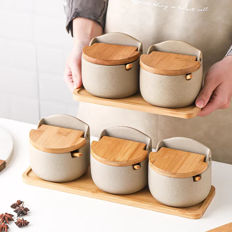 DecorBites™ Ceramic Seasoning Jar Set with Bamboo Lid and Spoon
