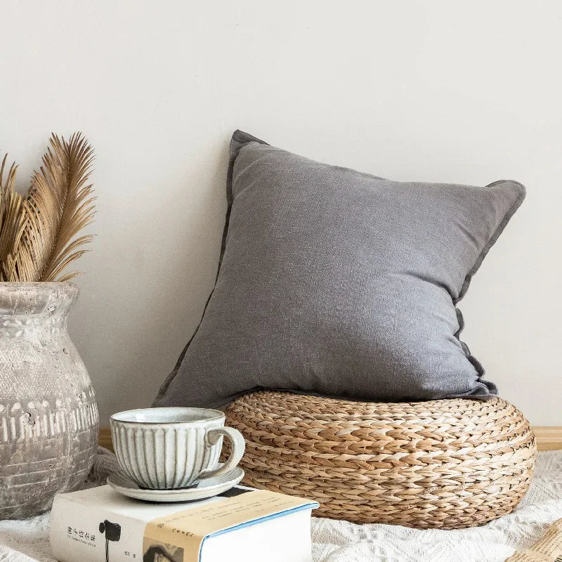 DecorBites™ Linen Pillow Cover 45x45cm with Fringe in Ivory/Dark Grey/Coffee for Home Decor