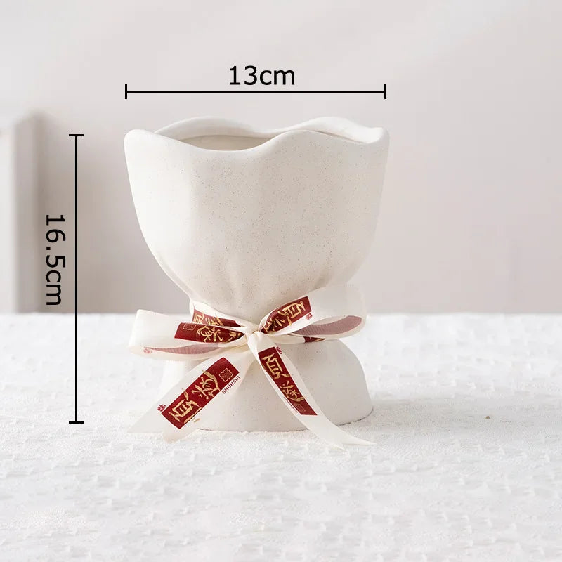 DecorBites™ Lovely Ribbon Ceramic Vase Set for Cute Room Aesthetic Decor