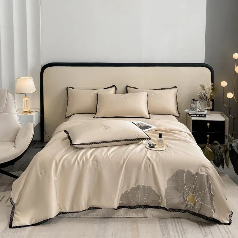 DecorBites™ Luxe Flower Embroidered Cool Quilt Set - Lightweight, Silky, High-End Comfort