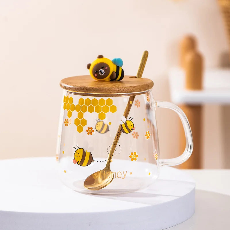 DecorBites™ Bee Glass Spoon Milk Cup Breakfast Coffee Mug with Lid