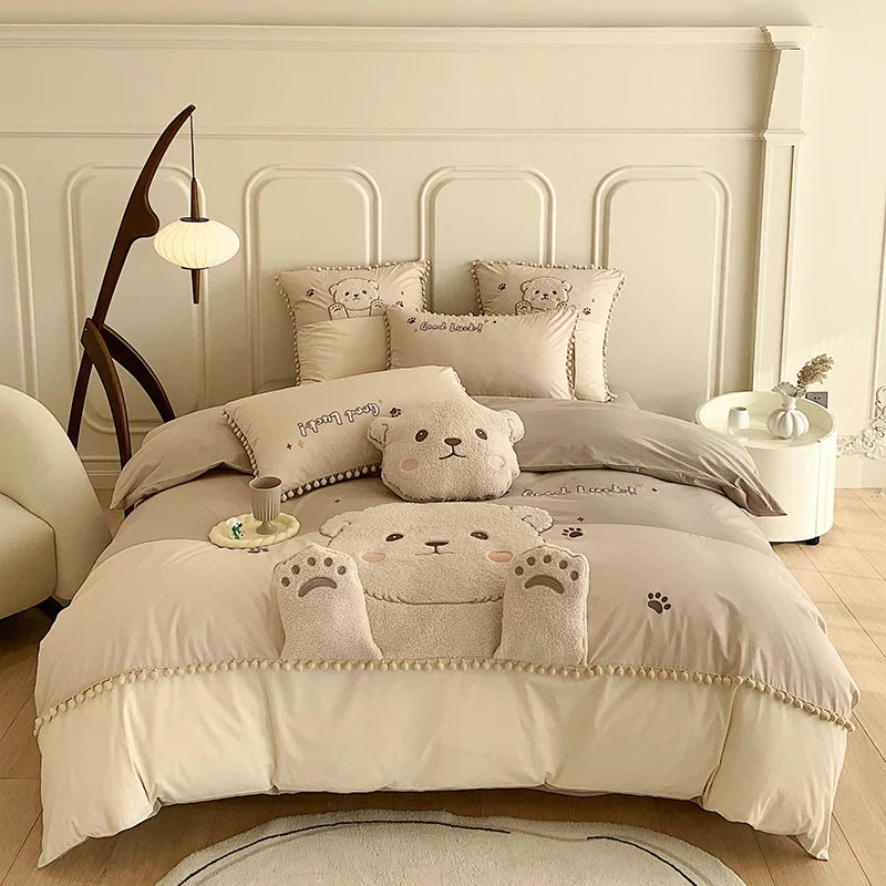 DecorBites™ Cartoon Bear Applique 100% Cotton Child Bedding Set - Single Quilt Cover