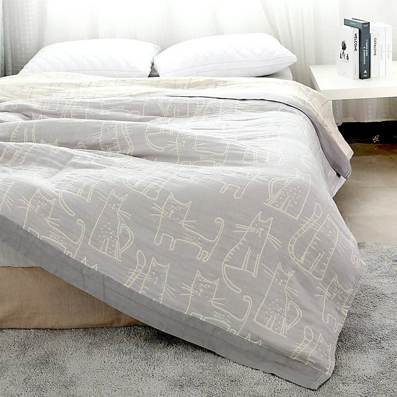 DecorBites™ Cartoon Cat Bamboo Cotton Throw Blanket - Lightweight 4-Layer Knit Woven Blanket