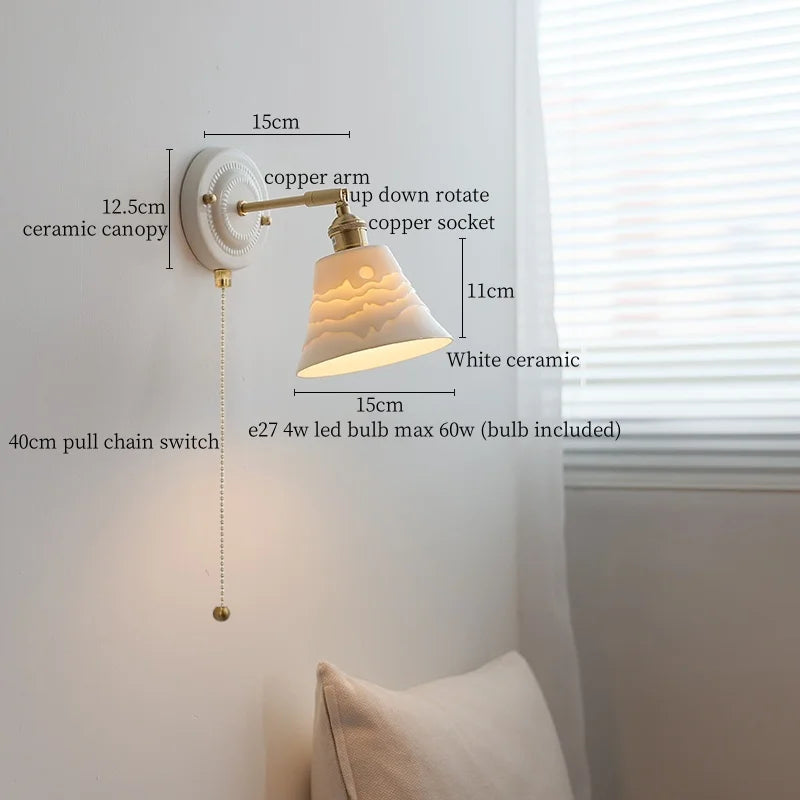 DecorBites™ Ceramic Wall Sconce with Copper Arm | Pull Chain Switch LED Bedroom Lamp