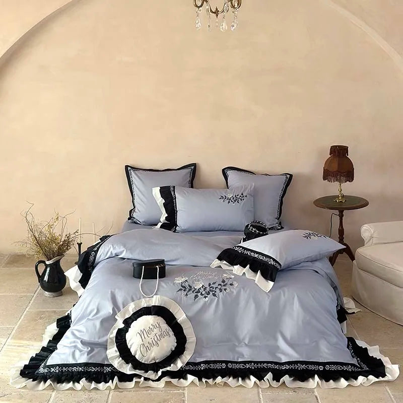 DecorBites™ Flowers Embroidery Ruffles Cotton Bedding Set with Duvet Cover, Sheet, Pillowcases