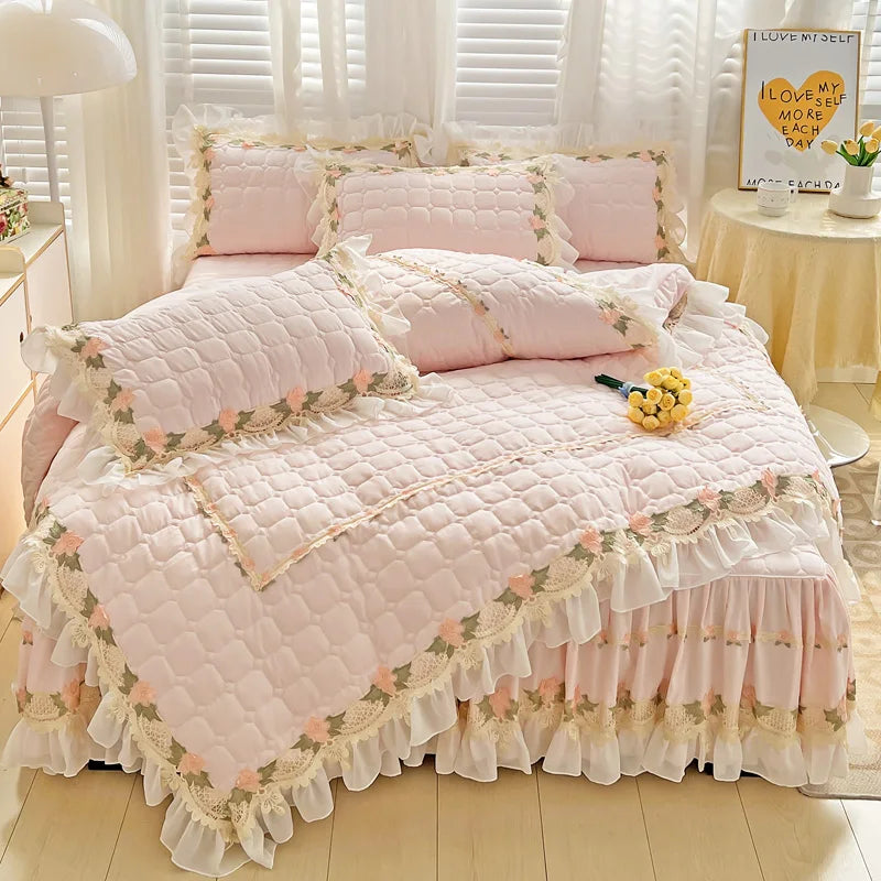 DecorBites™ Korean Princess Bedding Set: Flowers, Lace, Ruffles, Embroidery, Quilted, Duvet Cover, Bedspread