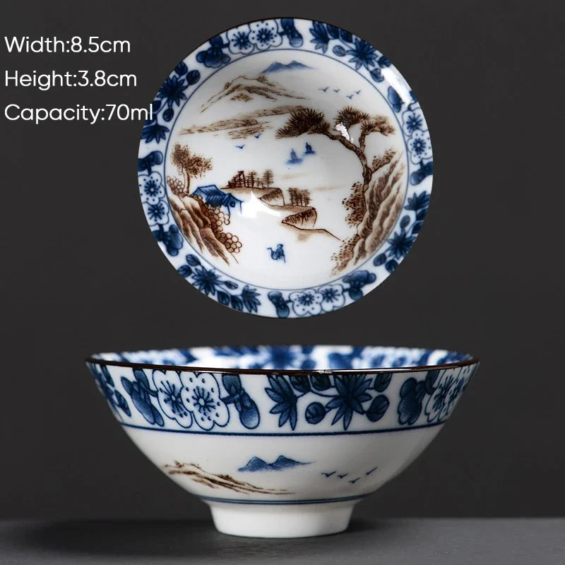 DecorBites™ Blue & White Ceramic Kung Fu Tea Cup - Japanese Style Porcelain Sake Cups