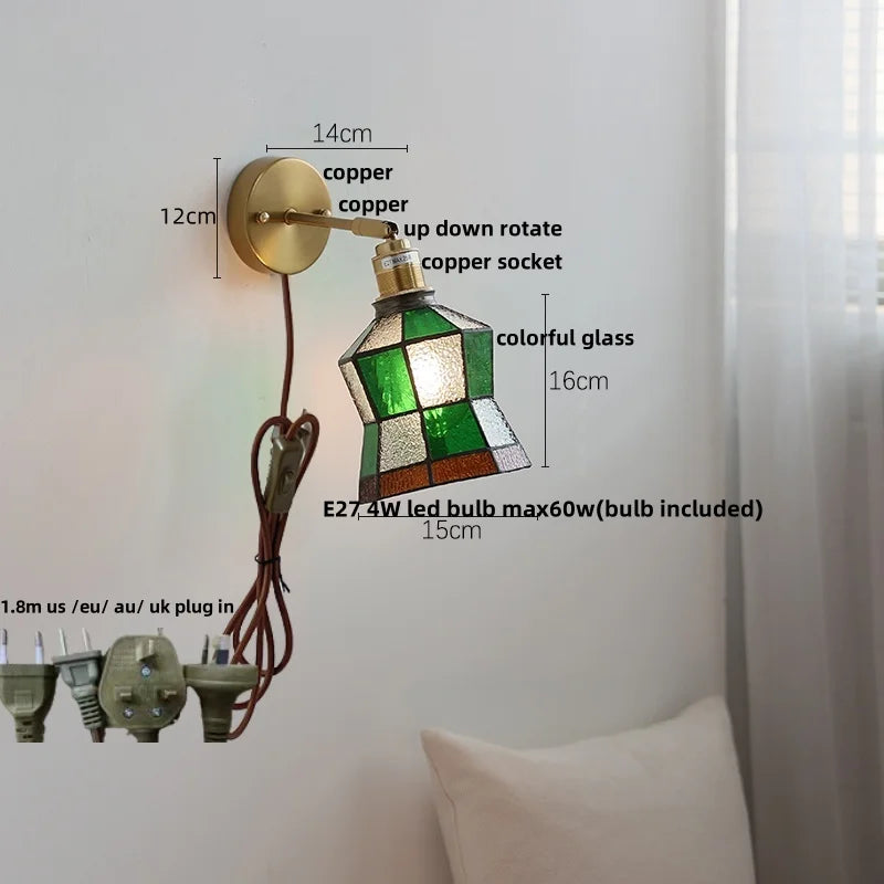 DecorBites™ Colorful Square Glass LED Wall Lights with Pull Chain Switch, Tiffany Style