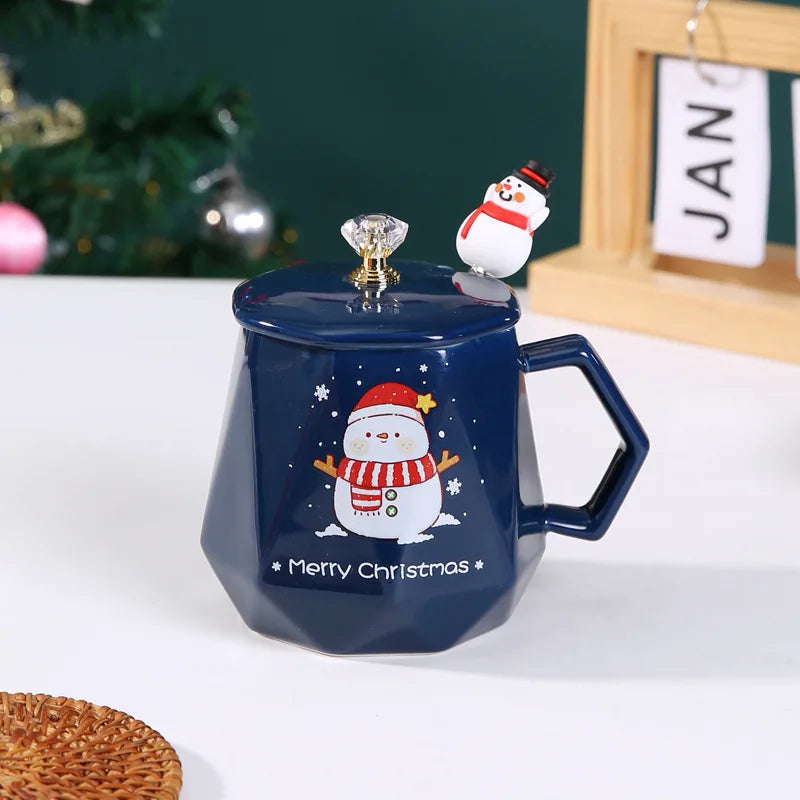 DecorBites™ Christmas Ceramic Mug Set with Lid, Spoon - Festive Santa Claus & Elk Design