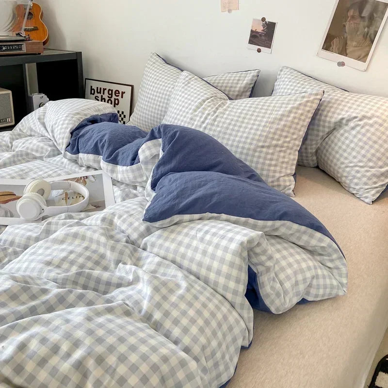 DecorBites™ Japanese Style Check Duvet Cover Set - Soft Washed Quilt Cover & Pillowcase