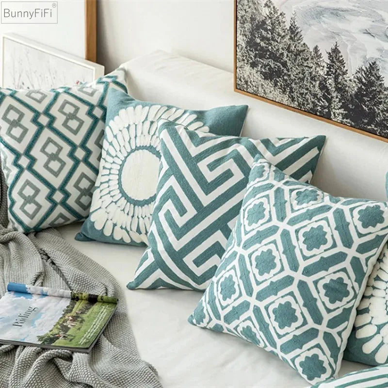 DecorBites™ Embroidered Blue Cotton Canvas Cushion Cover for Home Decor
