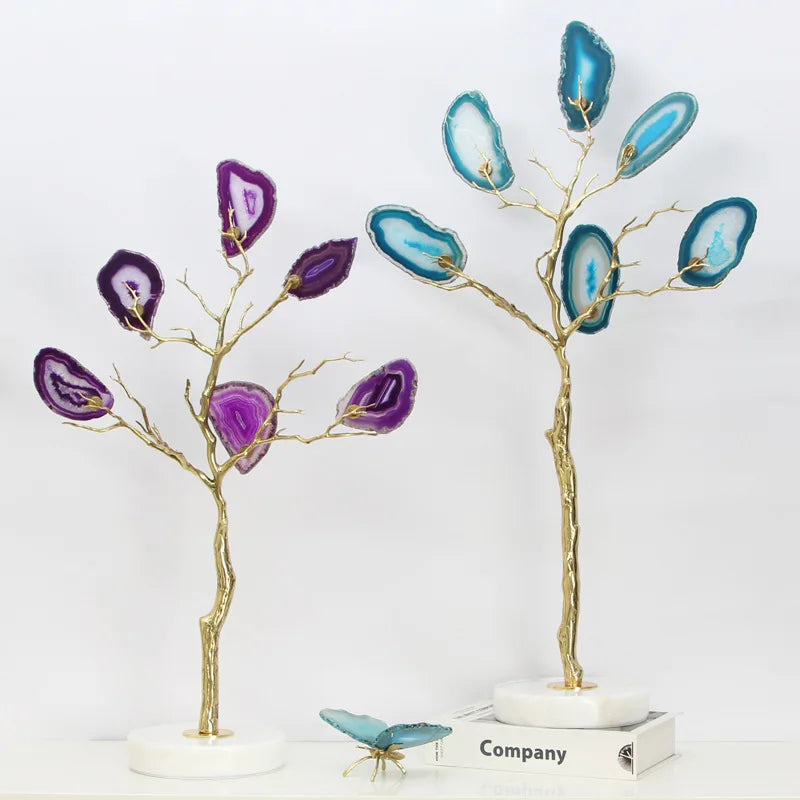 DecorBites™ Agate Tree Metal Handicraft: Golden Tree with Natural Agate Tablets