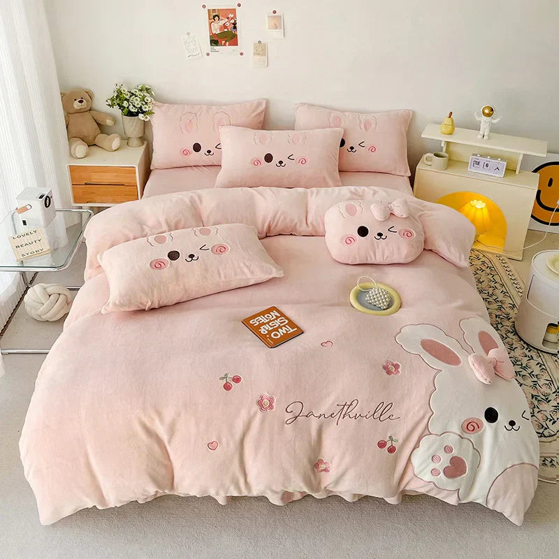 DecorBites™ Cartoon Rabbit Applique Embroidery Bedding Set with Velvet Fleece for Cozy Comfort