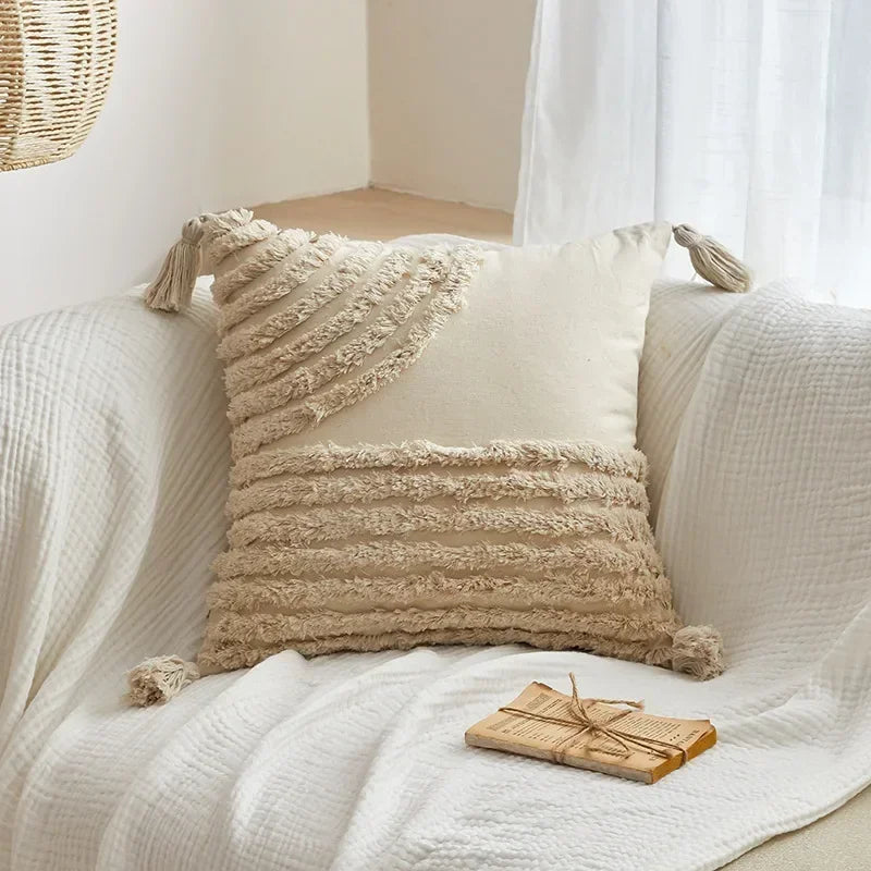 DecorBites™ Geometric Tufted Tassel Cushion Cover Cotton Canvas Fall Pillow Cover