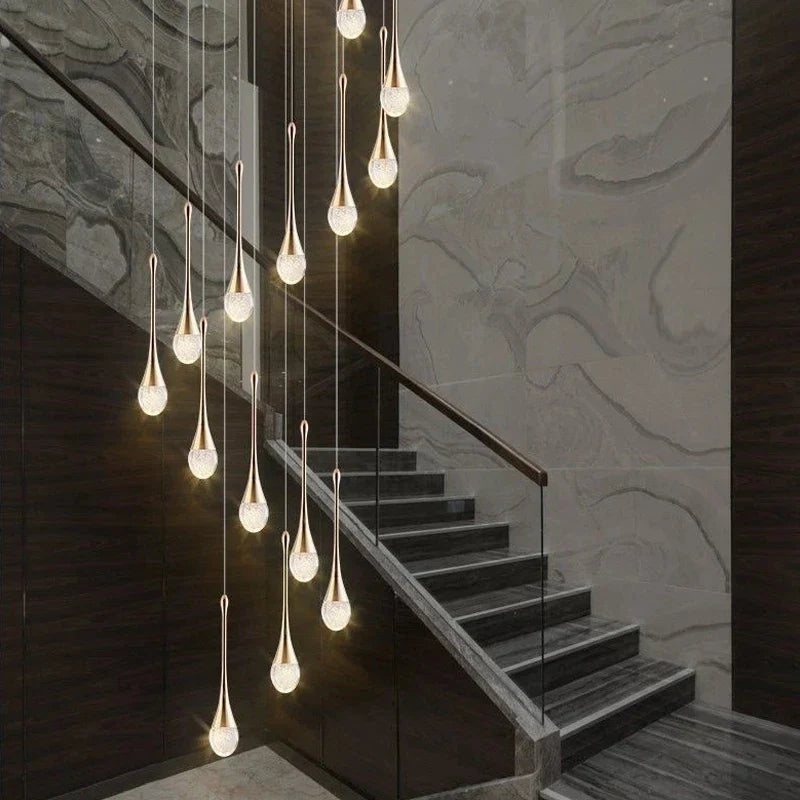 DecorBites™ Crystal LED Staircase Chandelier - Gold Pendant Lamp for Living Room & Lobby