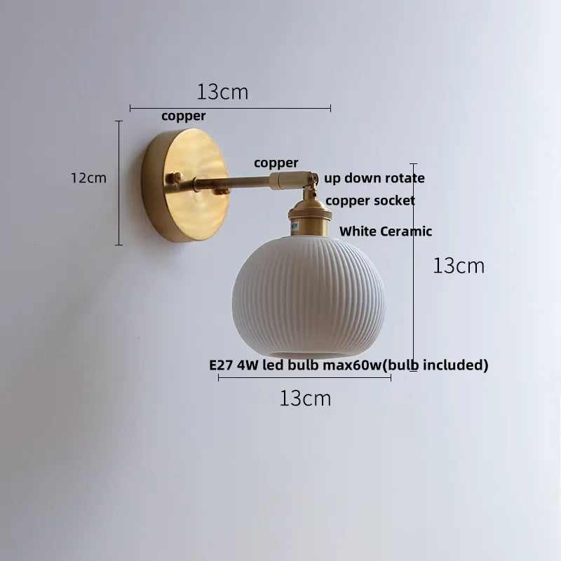 DecorBites™ Copper Wall Light Fixture Bedroom Bedside Sconce White Ceramic Lamp