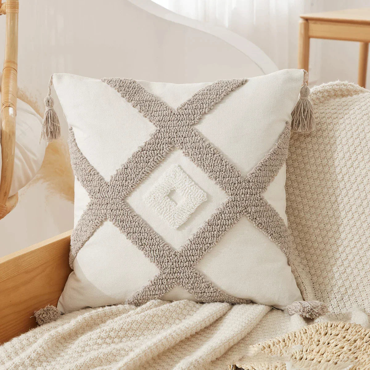 DecorBites™ Boho Beige White Embroidered Pillow Cases Set