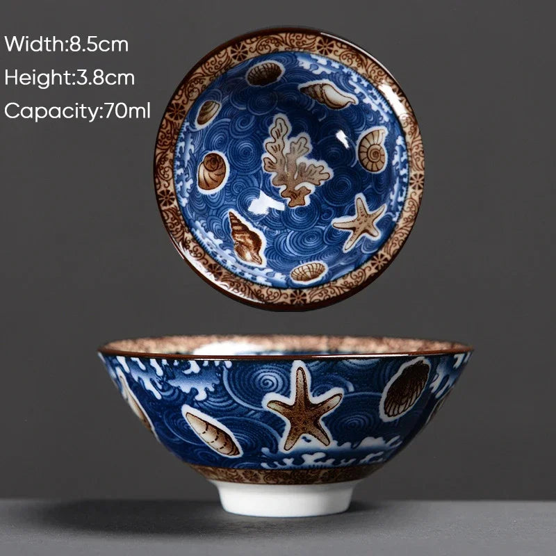 DecorBites™ Blue & White Ceramic Kung Fu Tea Cup - Japanese Style Porcelain Sake Cups