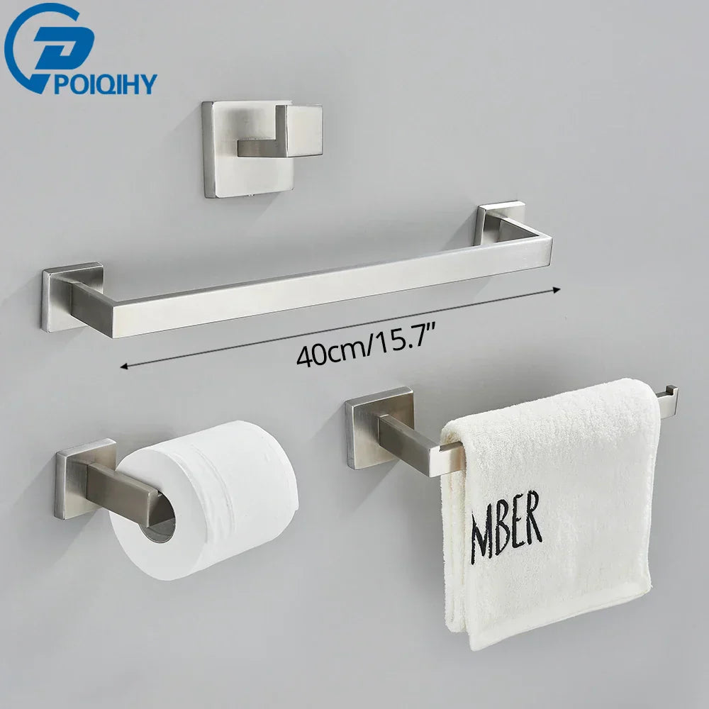 DecorBites™ Brushed Nickel Bathroom Hardware Set: Robe Hook, Towel Rail, Bar Rack, Shelf, Tissue Holder