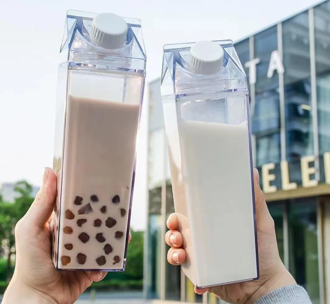 DecorBites™ Clear Milk Carton Water Bottle & Drinking Cup, Portable Plastic Juice Tea Storage