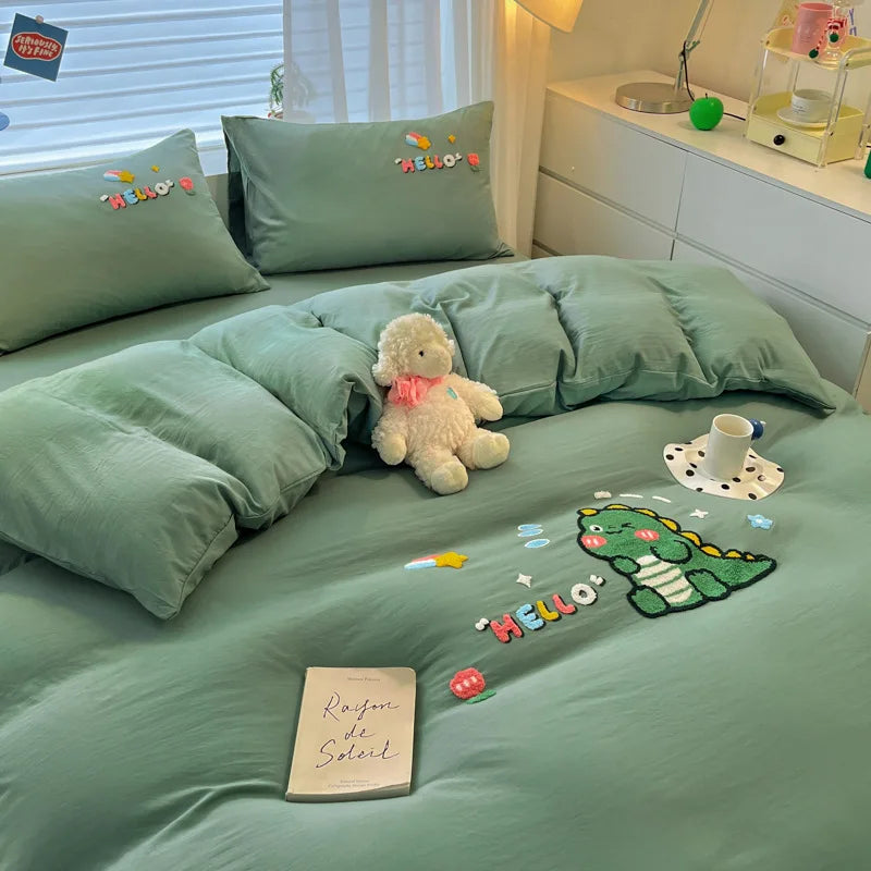 DecorBites™ Cartoon Embroidered Cotton Bedding Set for King/Queen Beds