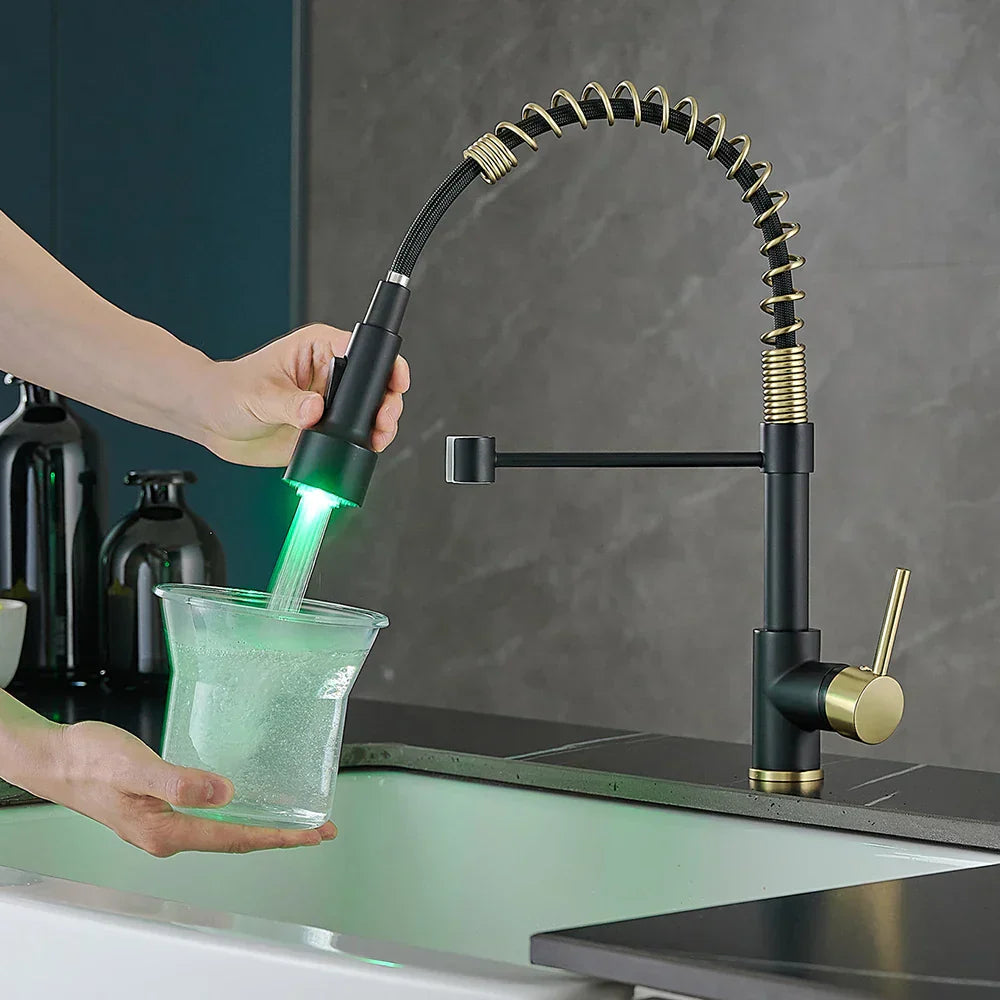 DecorBites™ Brass Spring Spout Kitchen Faucet with Single Lever Pull Down Mixer Tap