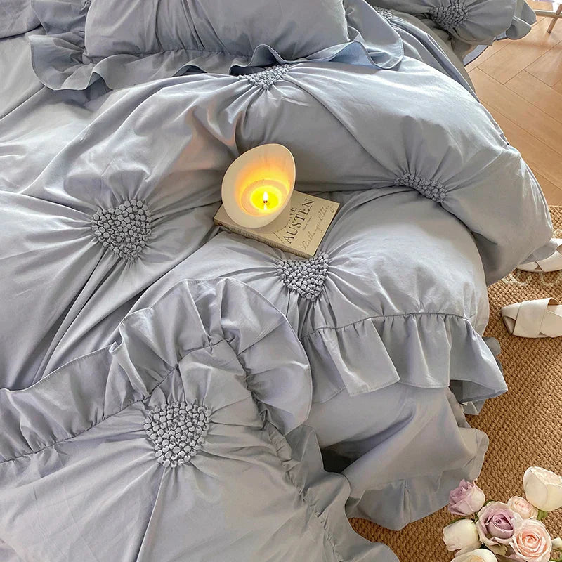 DecorBites™ Korean Princess Style Pure Cotton Bedding Set with Ruffles and Heart Pleat