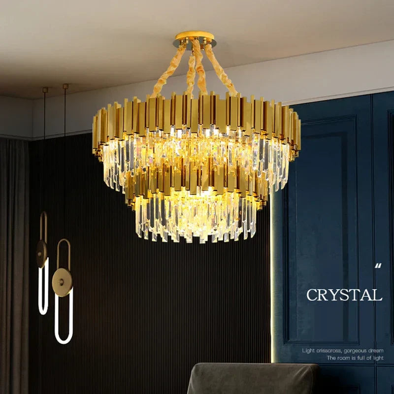 DecorBites™ Golden Stainless Steel Crystal Chandelier: Modern Round LED Light for Dining Room