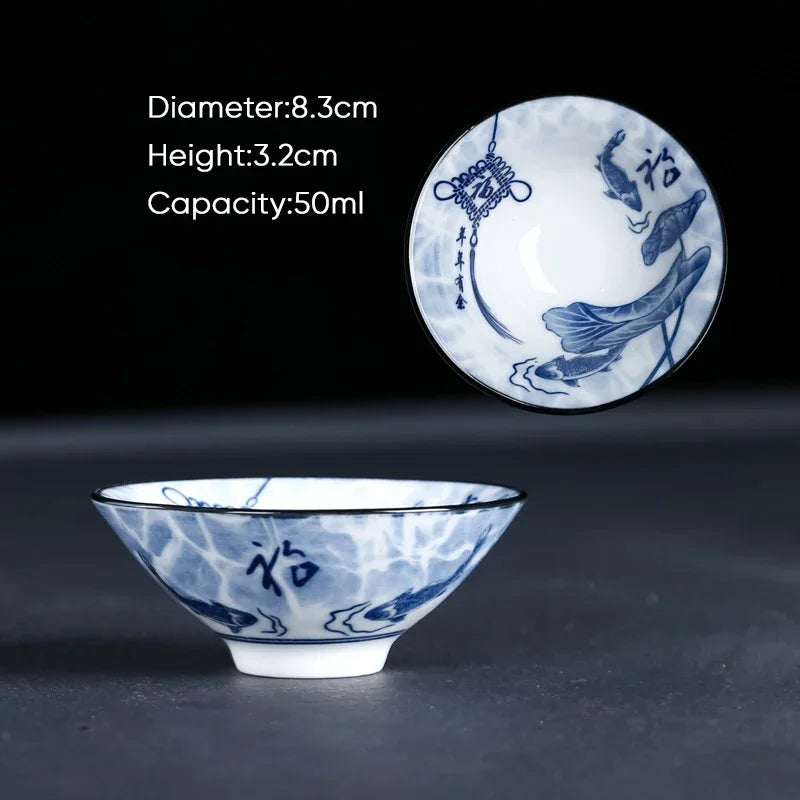DecorBites™ Blue & White Ceramic Kung Fu Tea Cup, Japanese Style Porcelain Sake Espresso Mug