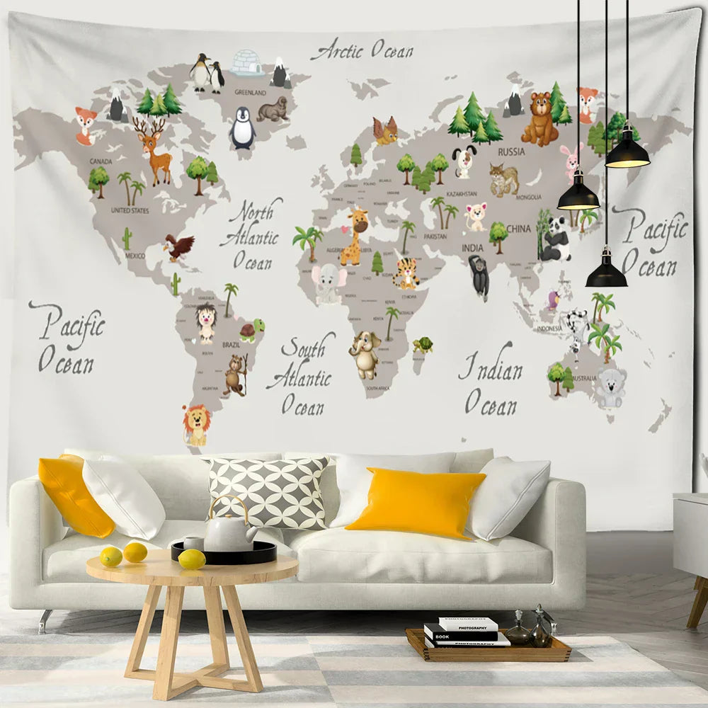 DecorBites™ Cartoon Animals Map Tapestry Wall Hanging for Cute Children's Room Decor