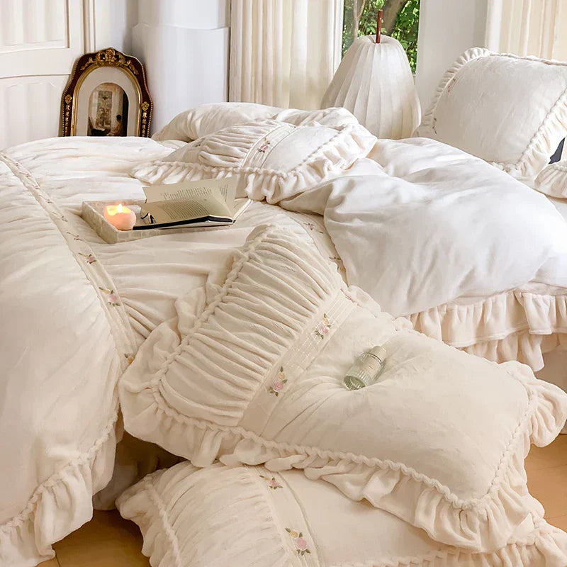 DecorBites™ French Pleat Lace Ruffles Bedding Set, Velvet Fleece Duvet Cover, Embroidered Flowers