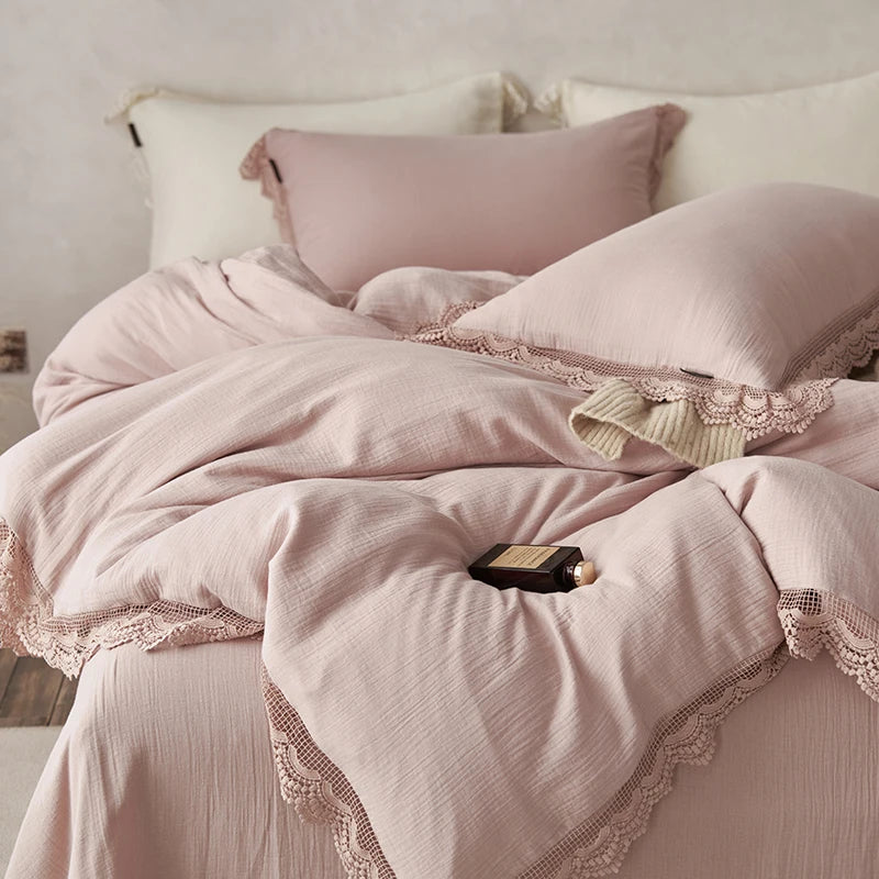 DecorBites™ Lace Edge Cotton Bedding Set for Soft Skin with Duvet, Sheets, and Pillowcases