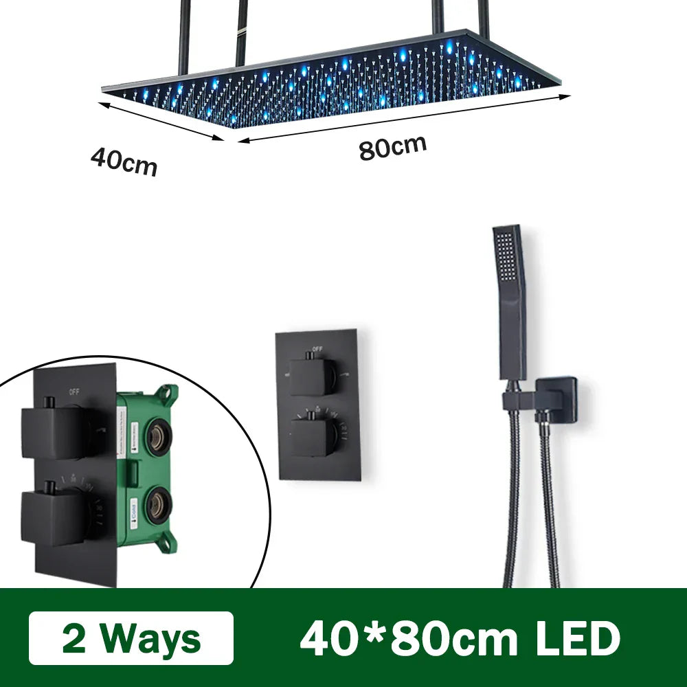 DecorBites™ Black Brass Thermostatic Shower Faucet with Ceiling Rainfall Shower Head